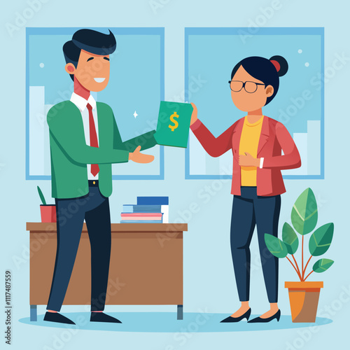 office manager giving salary to employee money earning vector illustration graphic design artwork