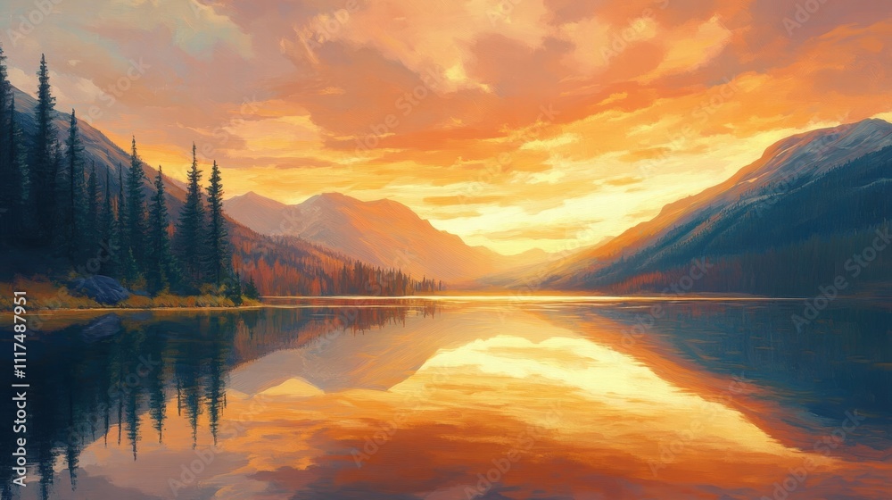 Fototapeta premium Serene Sunset Lake Mountain Landscape