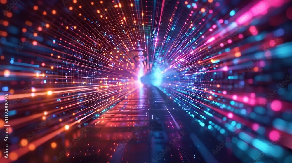 Fototapeta premium Abstract neon lights into digital technology tunnel. Generative AI.