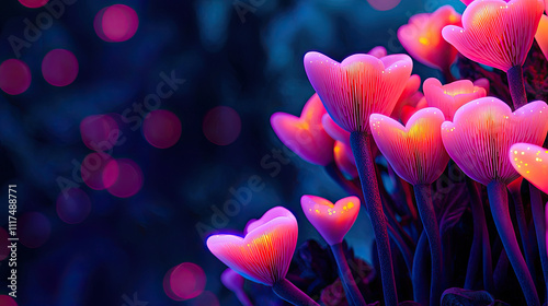 Vibrant heart-shaped flowers glowing softly in a mystical environment.