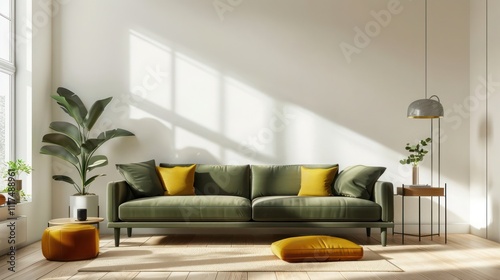 Modern living room with olive green sofa and mustard yellow cushions, minimalist decor, and natural light