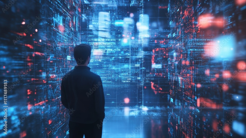 Fototapeta premium Man Observing Digital Data Stream