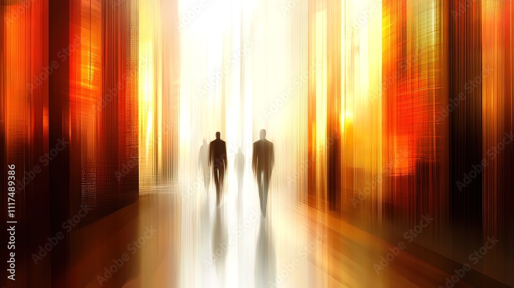 Three Figures Walking Towards the Light in a Abstract Hallway Three Figures Walking Towards the Light in a Abstract Hallway