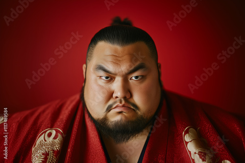 Portrait of a large Japanese sumo wrestler in traditional attire with intense expression against a vibrant red backdrop