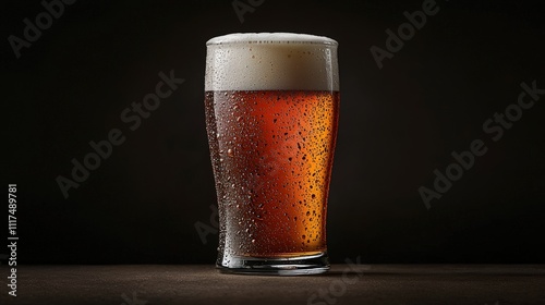 Chilled amber beer with frothy head