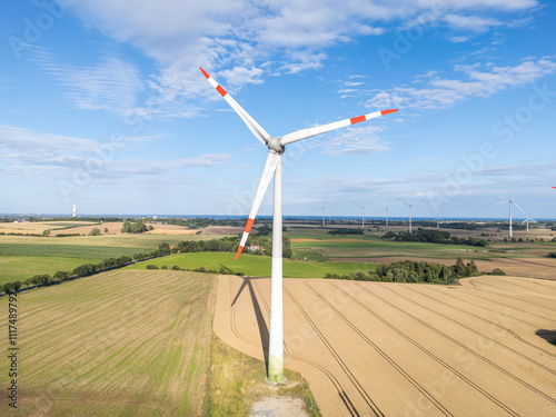 Wind turbine renewable energy power aerial view photo at the Baltic Sea near Heiligenhafen, Germany