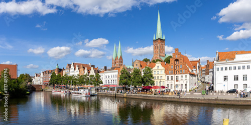 Lübeck's old town with Trave river panorama Hanseatic city of Lübeck in Germany