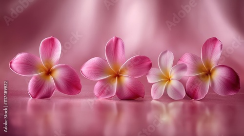 Three plumeria flowers in soft pink and white on a pink background.