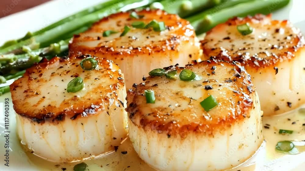 Seared Scallops Garnished with Fresh Herbs on a Rustic Plate Captured in a Gourmet Food Scene Seared Scallops Garnished with Fresh Herbs on a Rustic Plate Captured in a Gourmet Food Scene