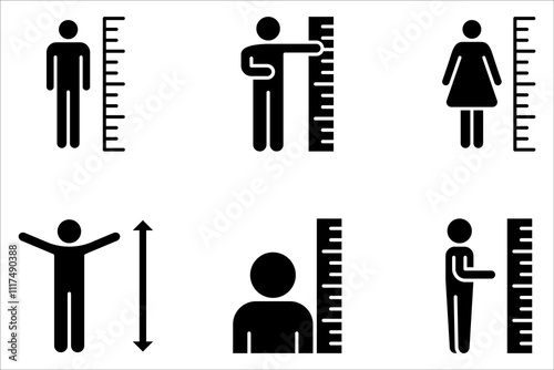 human measures height icon set, scale with man on white background