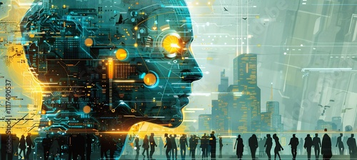 Vector illustration of AIdriven underwriting insurance where artificial intelligence evaluates risk factors and determines premium rates with unprecedented accuracy