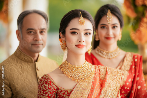 young indian bride standing with parents photo