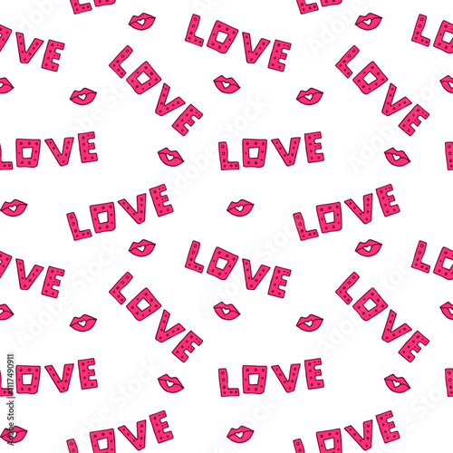 Seamless pattern with the word "LOVE" and pink lips on a white background. Perfect for Valentine's Day, romantic designs, and affectionate decorations