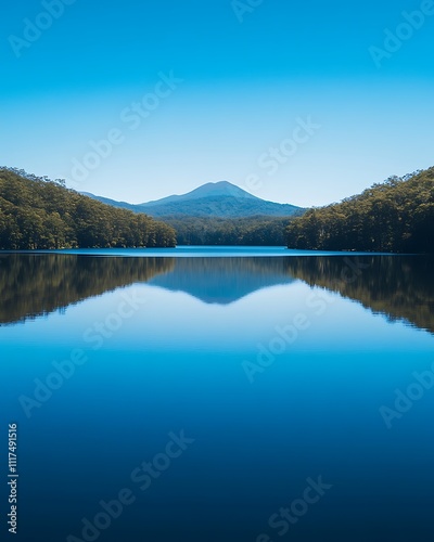 Verdant Horizon Adventures, Tranquil Lake Under Clear Blue Horizon