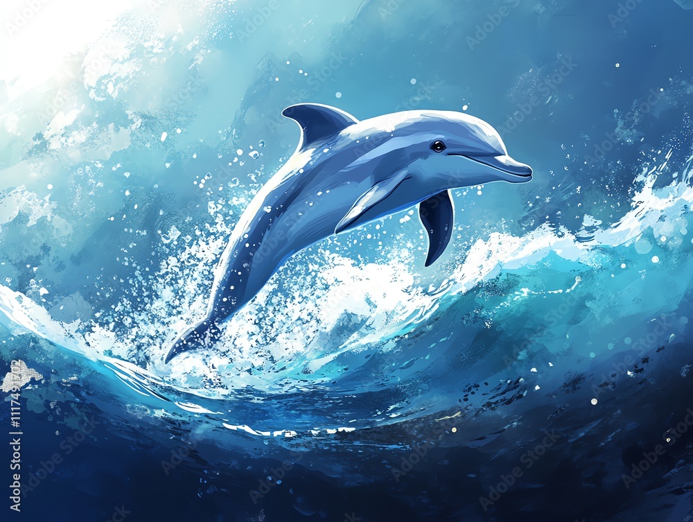 Fototapeta premium A dolphin leaps gracefully above ocean waves, showcasing its playful nature and aquatic beauty.