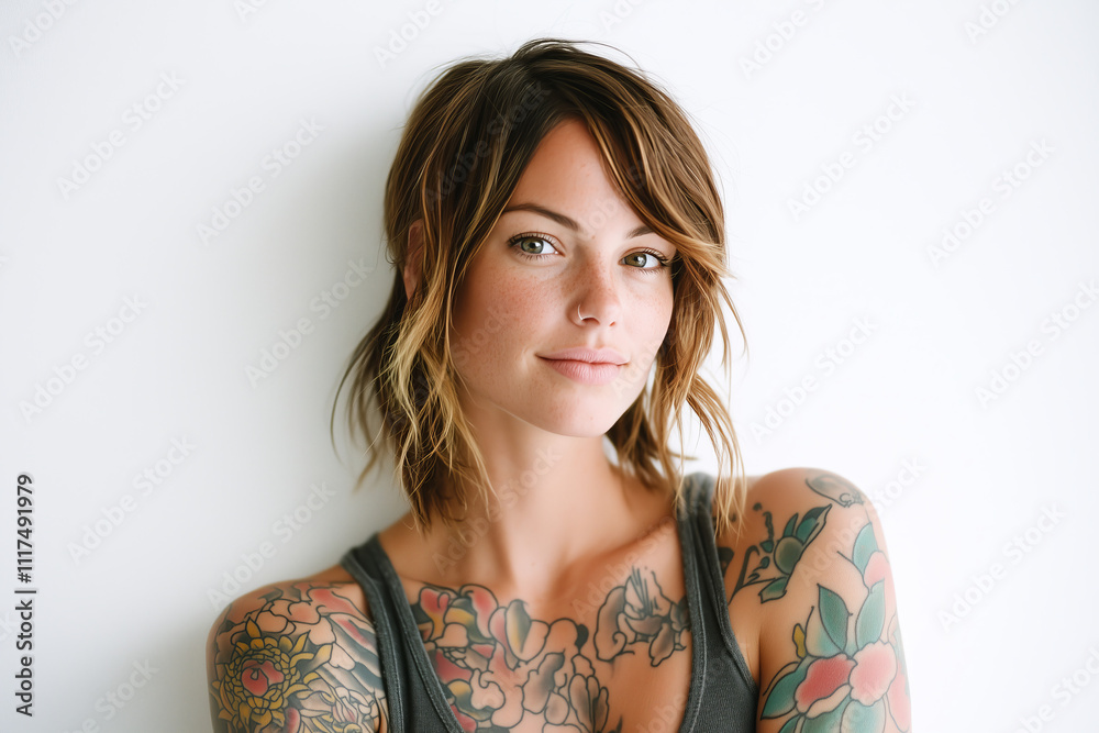 Beautiful woman with intricate tattoos poses confidently against a neutral background, showcasing her unique style and personality Beautiful woman with intricate tattoos poses confidently against a neutral background, showcasing her unique style and personality