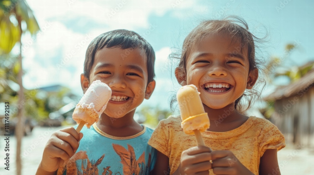 Happy Children Enjoying Ice Cream on a Sunny Day Happy Children Enjoying Ice Cream on a Sunny Day
