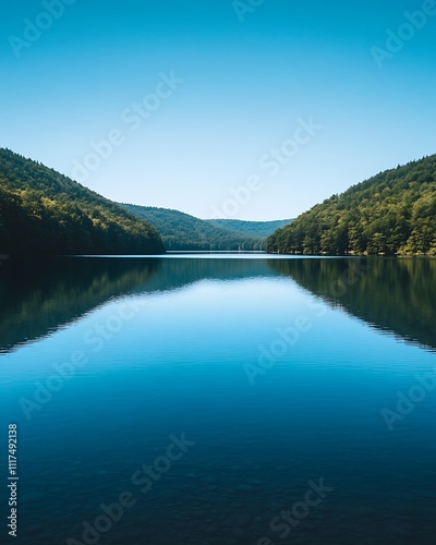 Verdant Horizon Adventures, Serene Lake View Under Clear Blue Sky