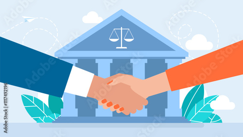 Legal services and services of a lawyer for business. Contracts, transactions, law and court. Client shakes hands with lawyer. Advocate consultation. Pre trial agreement handshake. Vector illustration