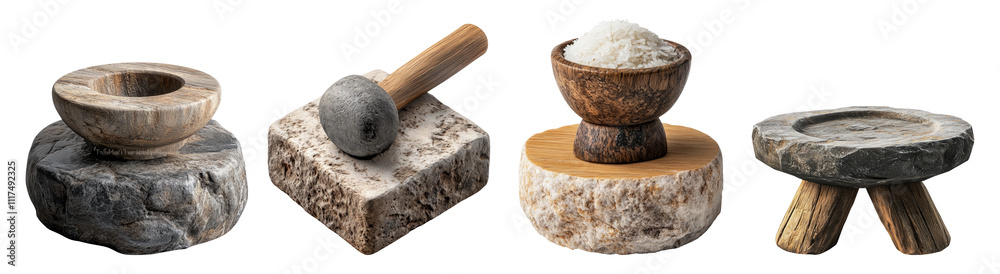 Mortar and Pestle Set with Wooden Bowls and Salt Mortar and Pestle Set with Wooden Bowls and Salt