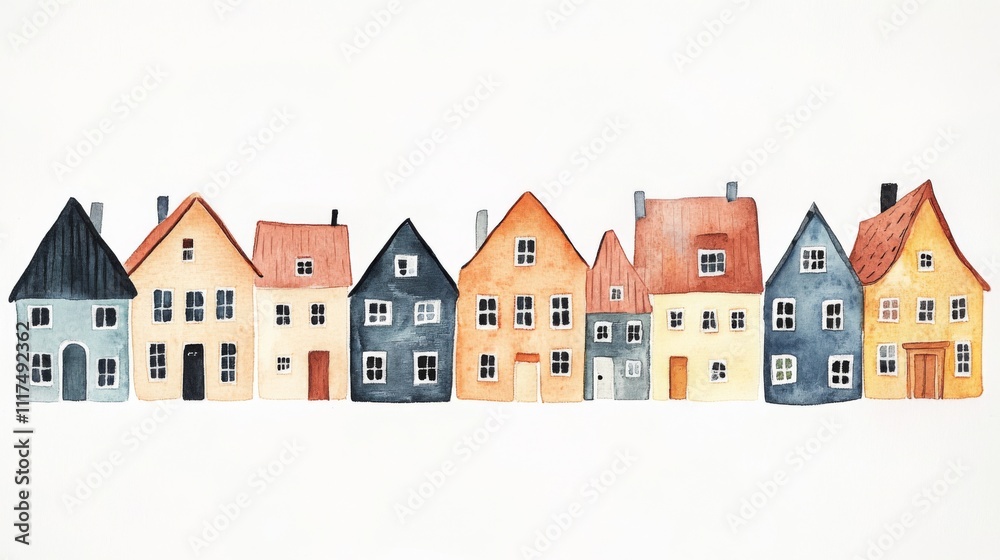 Watercolor Row of Houses - Charming Village Scene Watercolor Row of Houses - Charming Village Scene