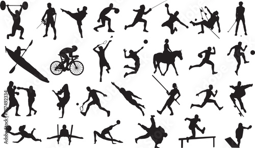 Vector Silhouette Collection: Clean and Bold Designs Collage made of men and women, athletes in motion training, sportspeople of various kind of sports in motion isolated on white background