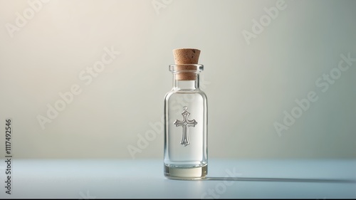 Holy water in glass bottle with cork and cross symbol on minimalist background