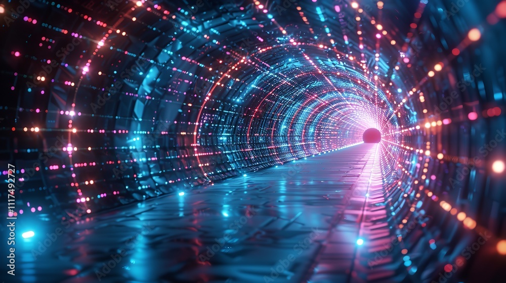 Obraz premium Abstract neon lights into digital technology tunnel. Generative AI.