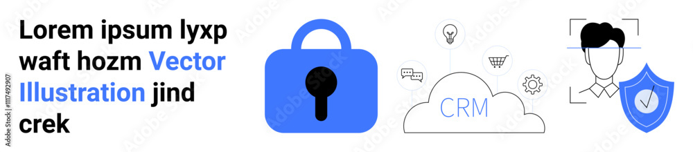 Large blue padlock, cloud with CRM, light bulbs, shield badge with checkmark, user profile face scan. Ideal for tech companies, cybersecurity, CRM tools, user authentication, data privacy, web Large blue padlock, cloud with CRM, light bulbs, shield badge with checkmark, user profile face scan. Ideal for tech companies, cybersecurity, CRM tools, user authentication, data privacy, web