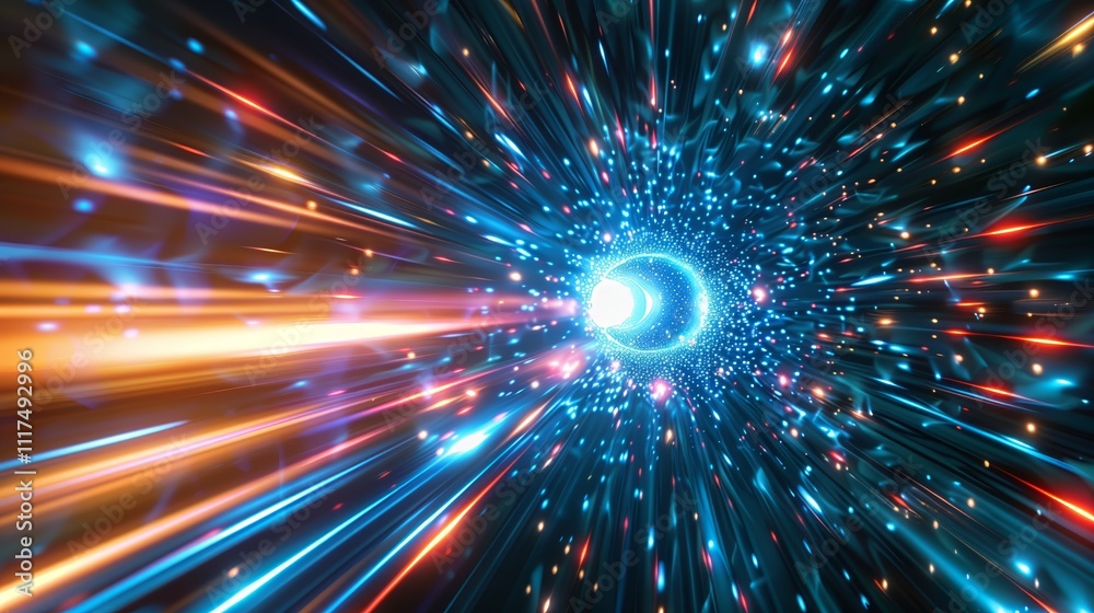 Hyperspace Journey: A mesmerizing abstract journey through a swirling vortex of light and color. Vivid streaks of blue and orange light illuminate a cosmic tunnel. Hyperspace Journey: A mesmerizing abstract journey through a swirling vortex of light and color. Vivid streaks of blue and orange light illuminate a cosmic tunnel.