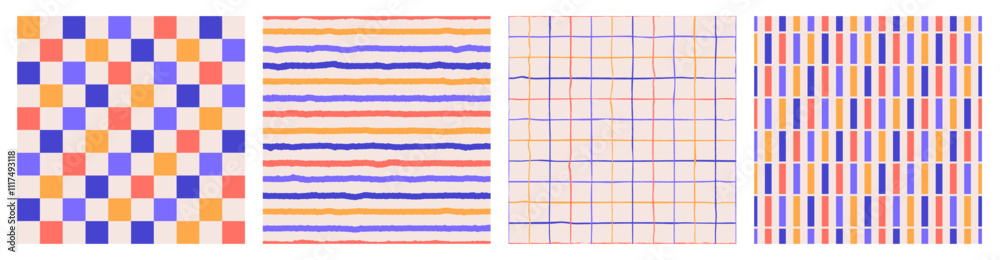 Seamless pattern set of multicolored hand drawn curved checkered lines, strip. Trendy design with abstract shapes, simple and playful doodle wallpaper print