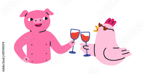 Animal friends celebrating with wine glasses. Funny pig and hen toasting, holding wineglasses, cheers. Cute characters at festive party. Flat vector illustration isolated on white background