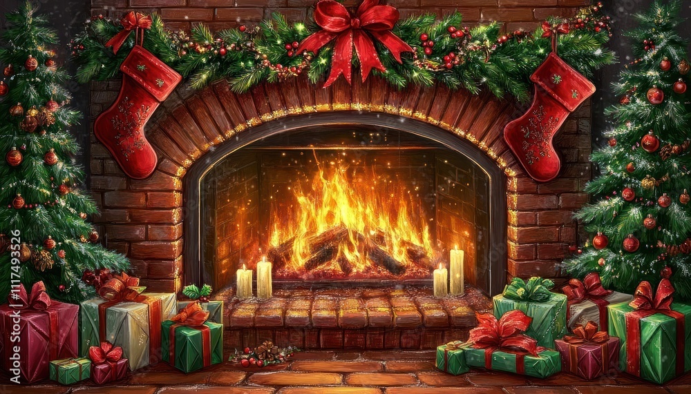 Festive Christmas Fireplace Scene With Presents And Trees Festive Christmas Fireplace Scene With Presents And Trees