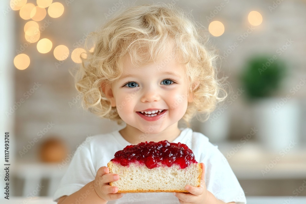 A child happily eating a peanut butter and jelly sandwich, with a big smile. Generative AI A child happily eating a peanut butter and jelly sandwich, with a big smile. Generative AI
