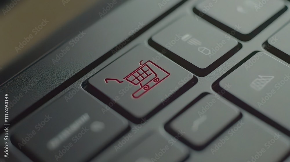 Shopping cart icon on a laptop keyboard. Shopping cart icon on a laptop keyboard.
