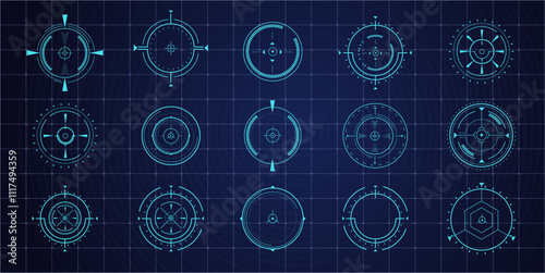 Hud aim pointer optical target, Futuristic focus range indicators, laser crosshair collimator sight. Measurement sniper for sniper gun. Game interface design ui element