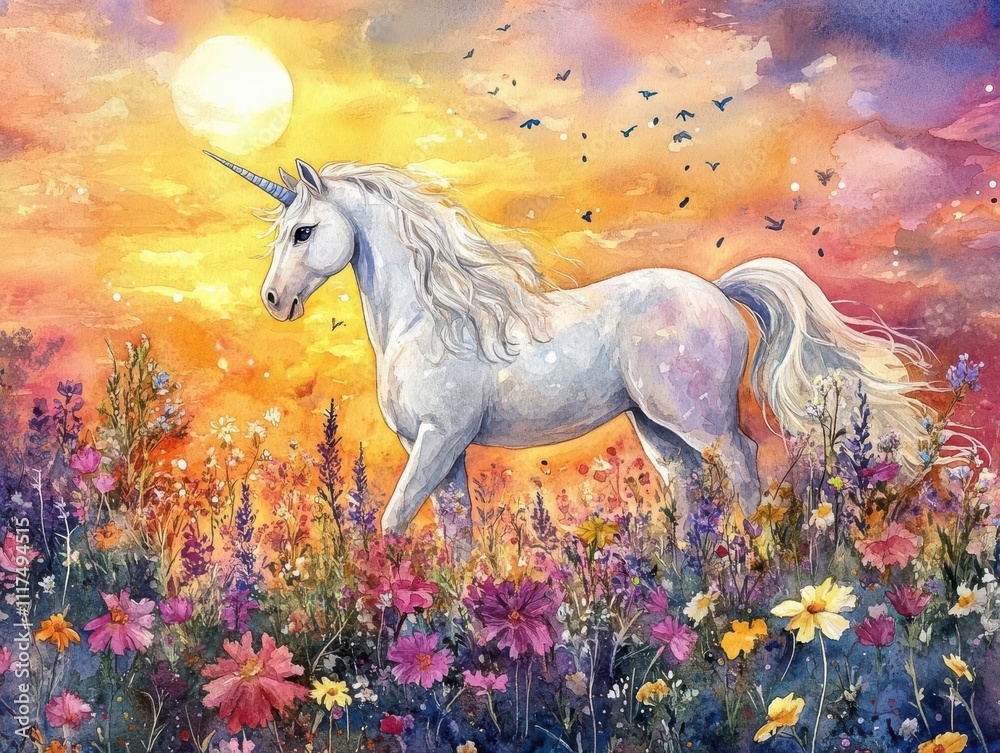 Craft a serene watercolor painting featuring a majestic unicorn standing gracefully in a field of vibrant flowers under a twilight sky Craft a serene watercolor painting featuring a majestic unicorn standing gracefully in a field of vibrant flowers under a twilight sky