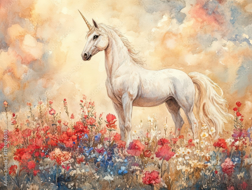 Craft a serene watercolor painting featuring a majestic unicorn standing gracefully in a field of vibrant flowers under a twilight sky Craft a serene watercolor painting featuring a majestic unicorn standing gracefully in a field of vibrant flowers under a twilight sky
