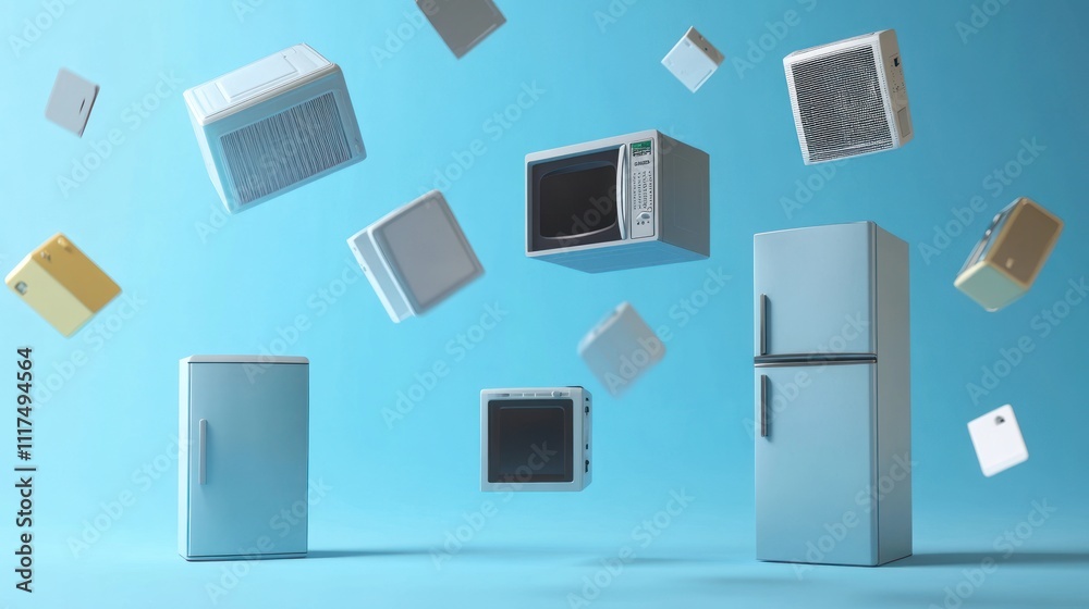 A floating arrangement of various kitchen appliances against a blue background. A floating arrangement of various kitchen appliances against a blue background.
