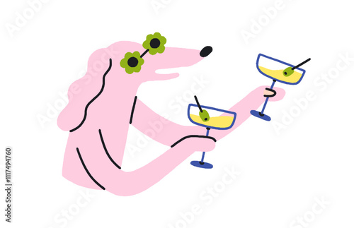 Dog in sunglasses holding festive cocktails, drinks. Funny poodle character celebrating with martini glass, alcohol at holiday party. Comic humor flat vector illustration isolated on white background