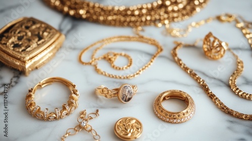 A collection of gold jewelry, including necklaces, rings, and bracelets, elegantly arranged on a marble surface.