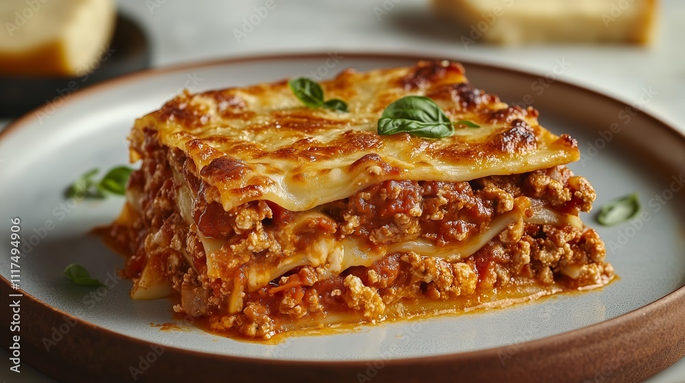 Delectable Lasagna Slice: A mouthwatering close-up of a perfectly layered lasagna, rich with meat and cheese, garnished with fresh basil, served on a rustic plate. Delectable Lasagna Slice: A mouthwatering close-up of a perfectly layered lasagna, rich with meat and cheese, garnished with fresh basil, served on a rustic plate.