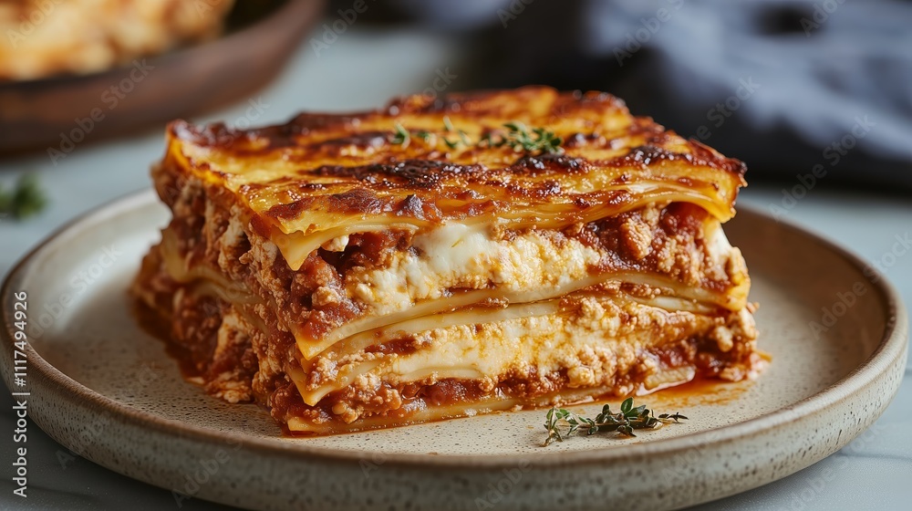 Lasagna, Italian Cuisine: A savory slice of lasagna, layered with rich meat sauce, melted cheese, and pasta, a tempting and comforting dish. Lasagna, Italian Cuisine: A savory slice of lasagna, layered with rich meat sauce, melted cheese, and pasta, a tempting and comforting dish.