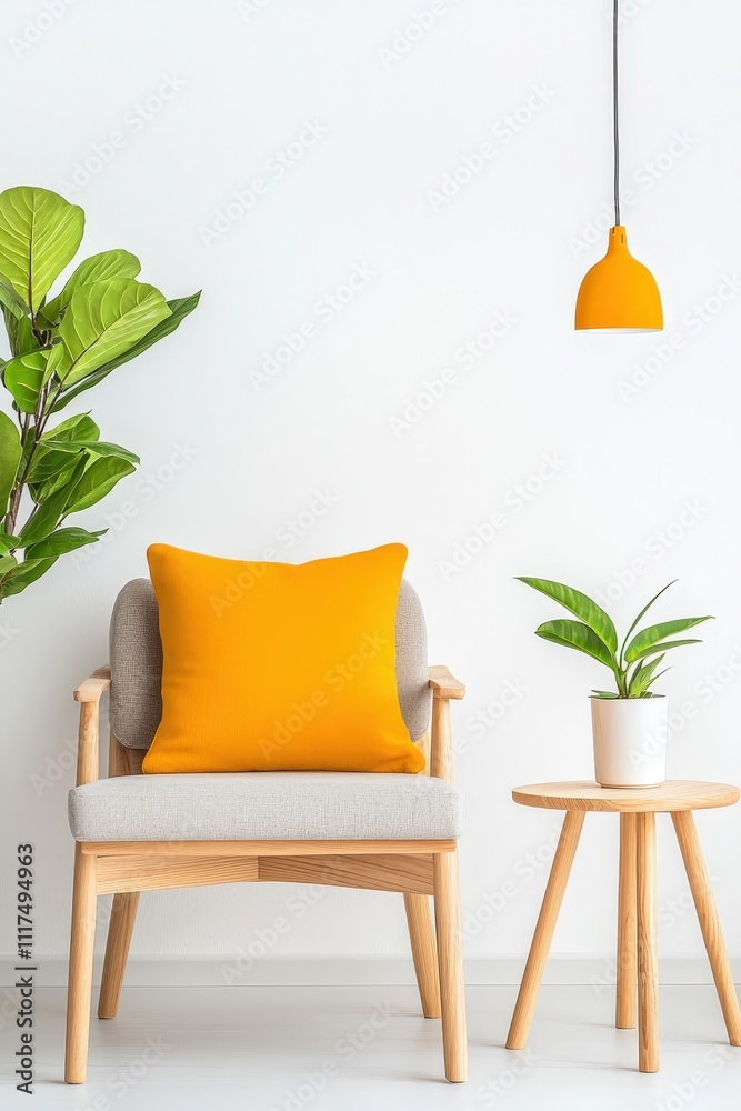 Fototapeta premium A chair with a yellow pillow and a plant on the table