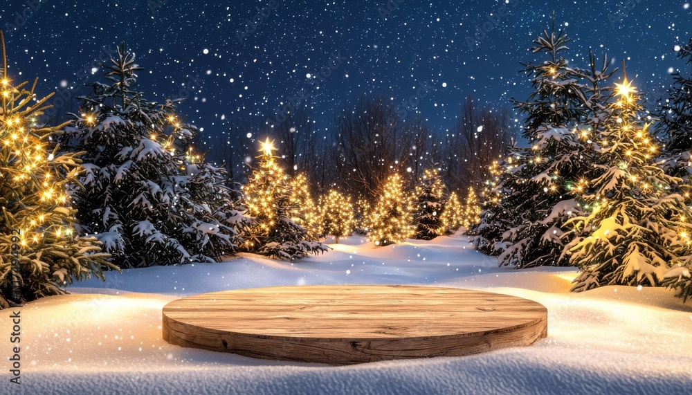 A serene winter scene with snow-covered trees and a wooden platform under falling snow. A serene winter scene with snow-covered trees and a wooden platform under falling snow.