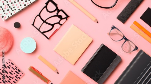 Flat Lay of Creative Reading Accessories on Pink Background photo