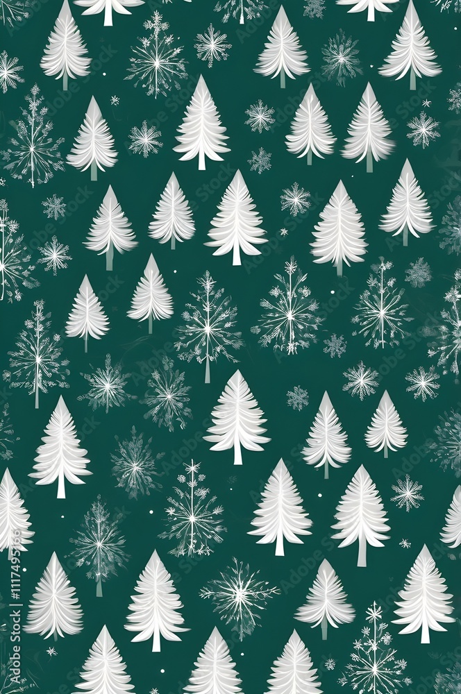 seamless pattern featuring white Christmas trees and snowflakes set against a dark green background. perfect for holiday decor, wallpapers seamless pattern featuring white Christmas trees and snowflakes set against a dark green background. perfect for holiday decor, wallpapers