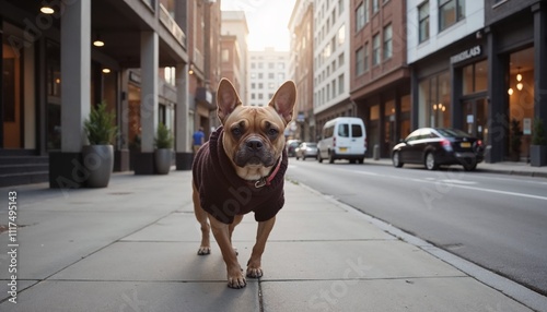 French bulldog wearing a stylish sweater walking on a city sidewalk photo