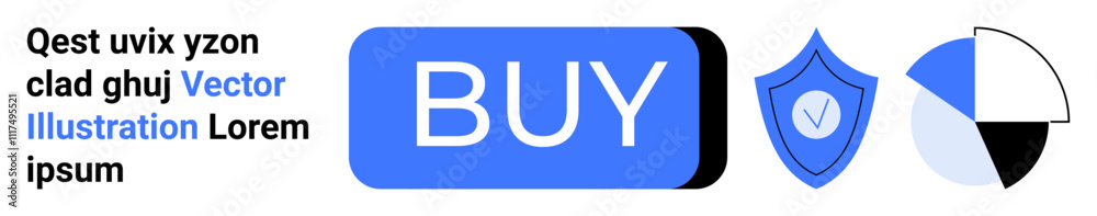 Large blue BUY button, security shield icon, pie chart, and sample text. Ideal for e-commerce, online shopping, digital security, web interfaces, UIUX design, infographics, marketing. Landing page