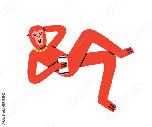 Monkey relaxing with drink. Funny happy character chilling in carefree pose, ...
